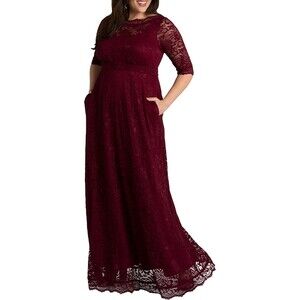 Lace Wine Red Formal Evening Ball Gown with Side Pockets Sz XL